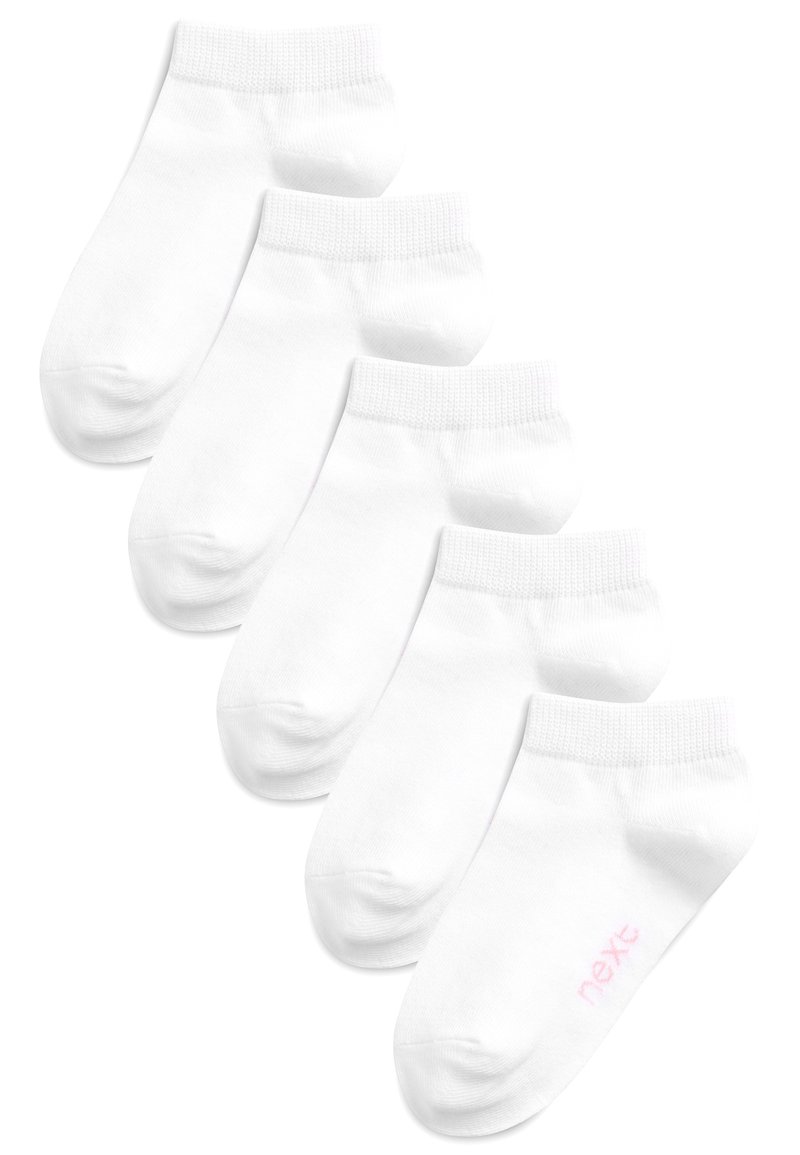 Weiße Knöchelsocken, aus einer Baumwollmischung, mit einem gerippten Saum, glatter Textur und einem dezenten rosa "next" Logo auf einer Socke. Set von fünf Socken.