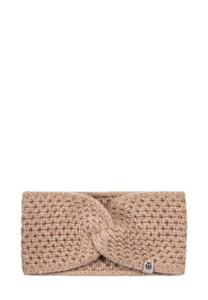 Beige gestricktes Stirnband mit einem verdrehten Knoten-Design und einem kleinen rechteckigen Stoffetikett auf einer Seite.