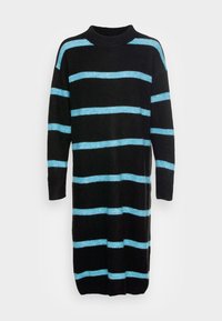 Abito nero a maniche lunghe con righe orizzontali azzurre. Realizzato in tessuto morbido, presenta un collo e dei polsini a costine. Design semplice e dritto.