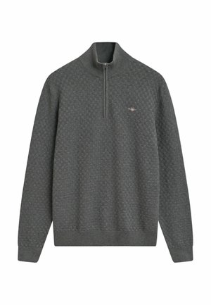 Grijze trui met een hoge kraag en halve rits. Gevoerd patroon overal, geribbelde manchetten en zoom, klein logo op de linkerborst.