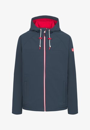 Veste à capuche navy avec intérieur rouge, fermeture éclair blanche et cordons de serrage ; comporte deux poches avant et un logo sur la manche.