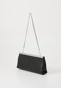 Black faux leather clutch bag with a silver metal top closure and a detachable strap. Smooth texture, rectangular shape, minimal design.