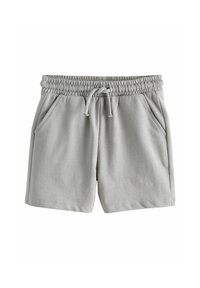 Light gray shorts made of soft fabric with an elastic waistband, adjustable drawstring, and side pockets. Simple design, above-knee length.