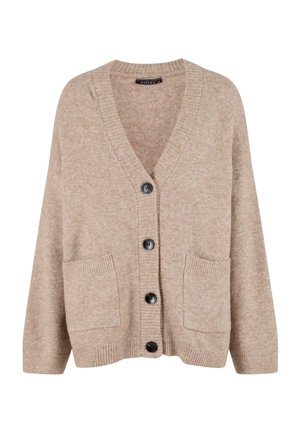 Beige gebreide cardigan met een V-hals, zwarte knopen, twee voorzakken en geribbelde manchetten. Zachte textuur met een subtiele gemêleerde patroon.