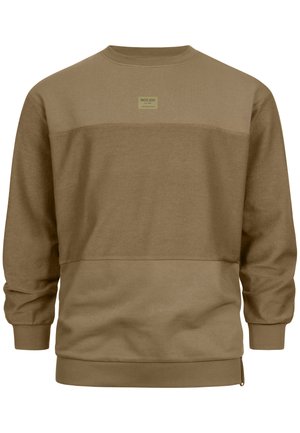 Sweat-shirt marron avec un col rond, des manches longues et un design à rayures horizontales texturées. Comprend un logo en étiquette près de l'encolure.