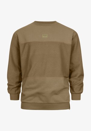 Sweat-shirt marron avec un col rond, des manches longues et un design à rayures horizontales texturées. Comprend un logo en étiquette près de l'encolure.