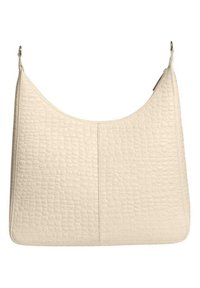 Gestructureerde crèmekleurige leren tas met een gebogen bovenkant, een platte bodem en twee zijriemen. Bevat een subtiel gegrild patroon. Eenvoudig en functioneel ontwerp.