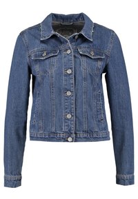 Veste en denim bleu au design ajusté, avec une fermeture à boutons, deux poches poitrine et un col. Dispose de manches longues et d'une longueur courte.