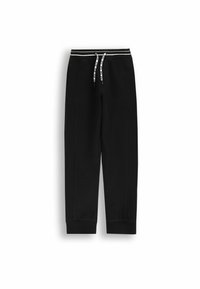 Czarne dresowe spodnie z elastycznym paskiem w paski i białymi sznurkami do ściągania, żeberkowe mankiety na kostkach oraz pionowe szwy na nogawkach.