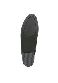 Black shoe sole with a smooth finish and shallow grooves for traction; features logo and distinct striped pattern on the heel.
