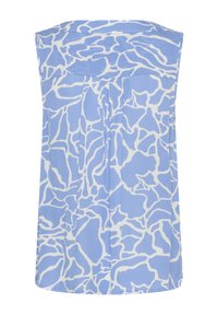 Haut sans manches bleu clair avec un motif abstrait blanc, col rond et détail plissé au dos ; fabriqué en tissu doux et léger.