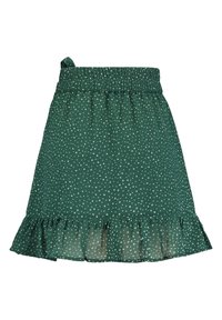 Zelená sukně s puntíky vyrobená z lehkého materiálu, má elastický pas a volánkový lem s hravým designem.