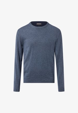 Blauer Rundhalsausschnitt-Pullover mit langen Ärmeln, aus einem weichen, strukturierten Strick. Mit gerippten Bündchen und Saum, die ein tailliertes Aussehen verleihen.