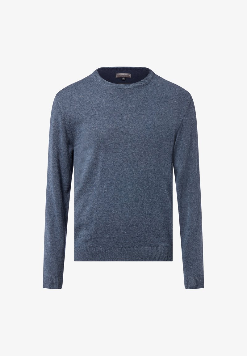 Niebieski sweter z okrągłym dekoltem i długimi rękawami, wykonany z miękkiej, teksturowanej dzianiny. Posiada ściągacze przy mankietach i u dołu, co zapewnia dopasowany wygląd.