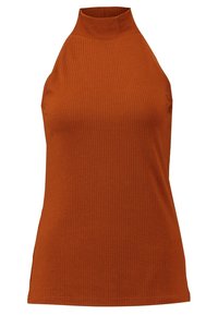 Top naranja de canalé sin mangas con cuello alto. Textura suave y diseño ajustado. Sin patrones visibles ni detalles de herrajes.