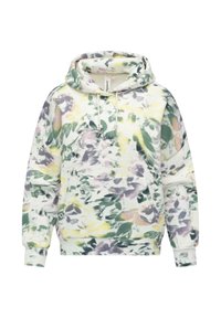 Felpa con motivo floreale in tessuto morbido che presenta tonalità di verde, viola, giallo e bianco. Include un cappuccio con coulisse e una tasca a marsupio.