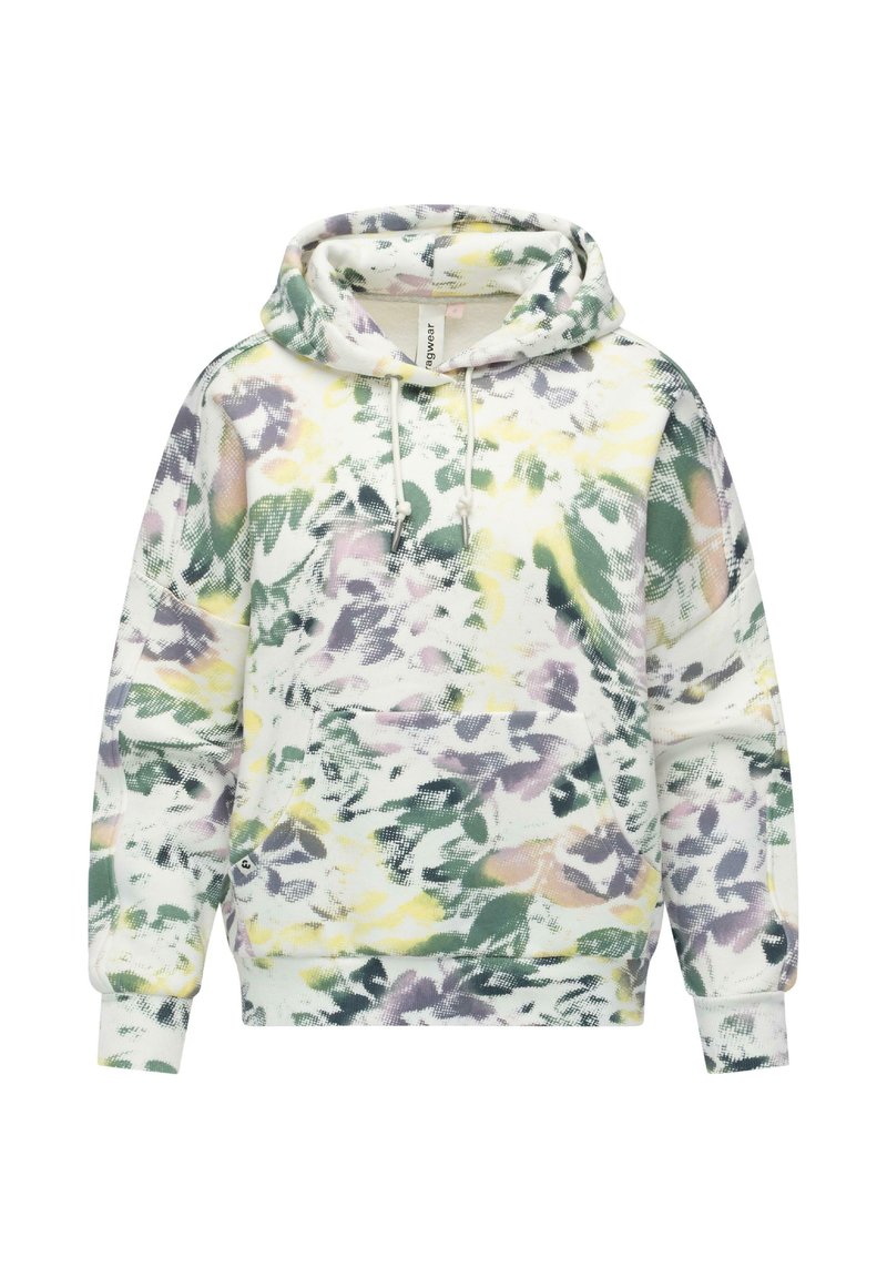 Felpa con motivo floreale in tessuto morbido che presenta tonalità di verde, viola, giallo e bianco. Include un cappuccio con coulisse e una tasca a marsupio.