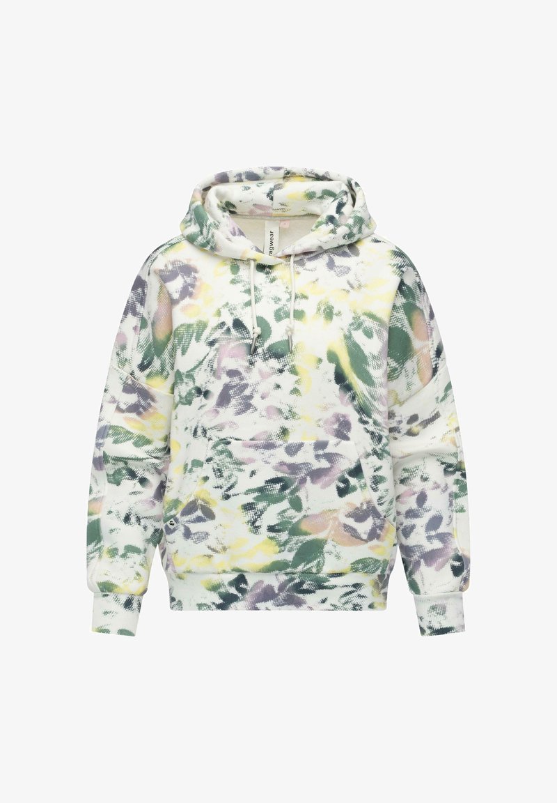 Felpa con motivo floreale in tessuto morbido che presenta tonalità di verde, viola, giallo e bianco. Include un cappuccio con coulisse e una tasca a marsupio.