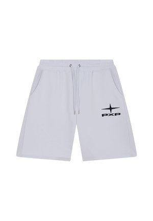 Shorts bianchi con coulisse, tasche laterali e logo stella nera con il testo "PXP" sulla gamba destra.