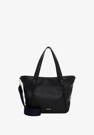 Borsa tote in pelle nera con doppi manici e tracolla regolabile blu navy. Presenta una superficie strutturata e un dettaglio logo dorato sottile.