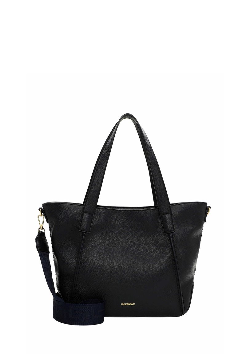 Czarna torba typu tote ze skóry, z dwoma uchwytami i regulowanym granatowym paskiem. Posiada teksturowaną powierzchnię oraz subtelne złote logo.