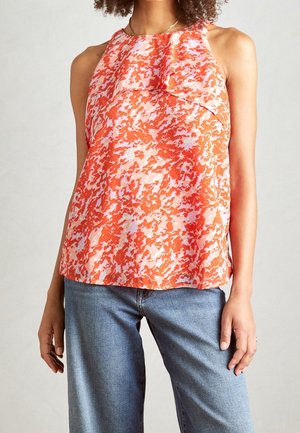 Top sin mangas en un vibrante patrón naranja y rosa, con un diseño fluido y un escote redondeado. Tela ligera y texturizada.