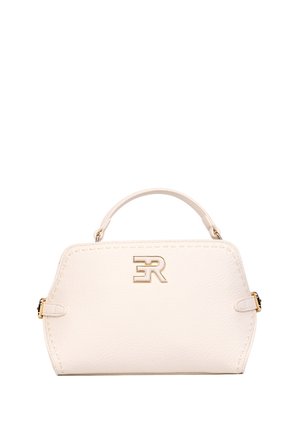 Piccola borsa in pelle color crema con manico superiore, logo dorato "ER" e chiusure laterali dorate, su sfondo bianco.