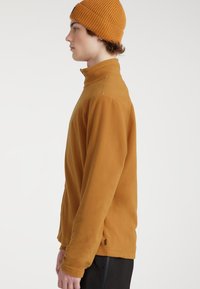 Senfgelber Fleece-Pullover mit hohem Kragen, seitlichen Taschen und weicher Textur. Eine gerippte senfgelbe Mütze ergänzt das Outfit.