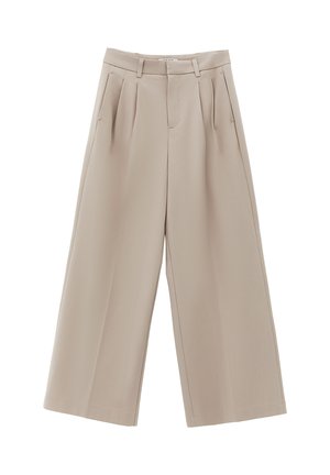 Beżowe spodnie o szerokich nogawkach z plisami, taliowanym pasem, gładką fakturą i prostym krojem, zaprojektowane na luźne dopasowanie.