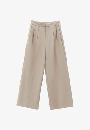 Beżowe spodnie o szerokich nogawkach z plisami, taliowanym pasem, gładką fakturą i prostym krojem, zaprojektowane na luźne dopasowanie.