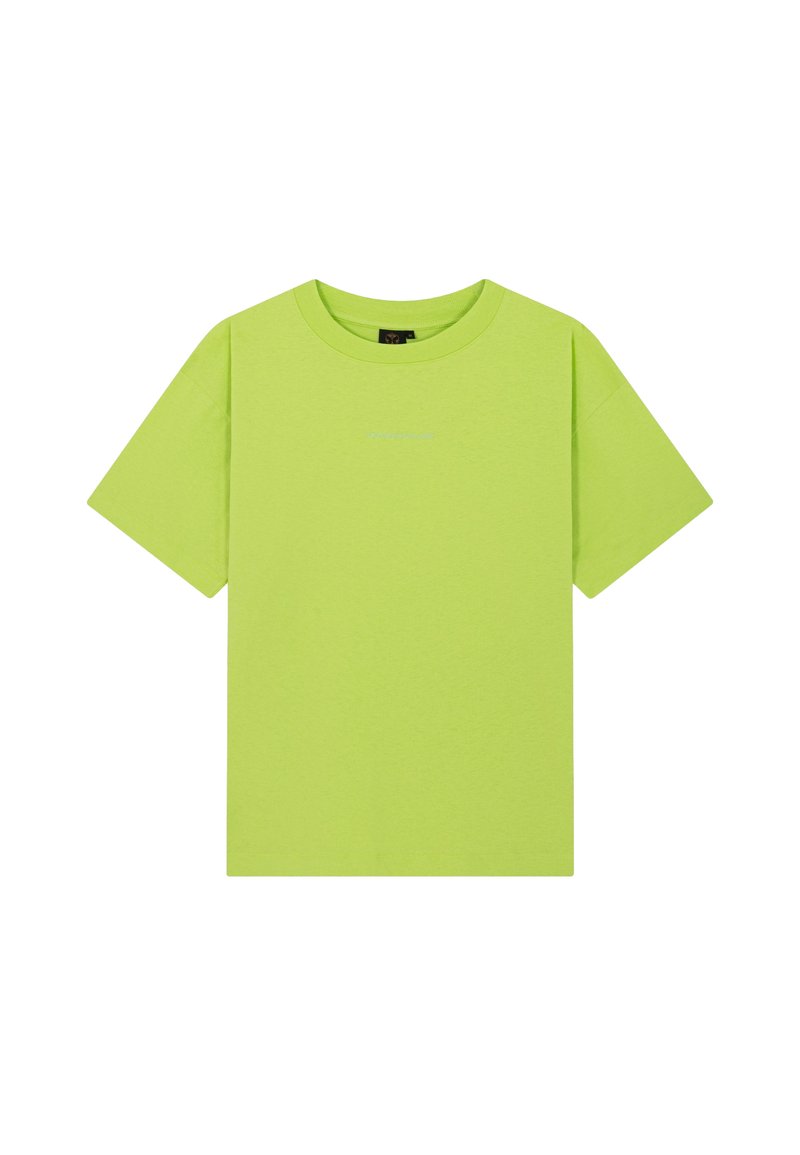 Neon groene katoenen T-shirt met een ronde hals en korte mouwen, voorzien van subtiele bedrukte tekst aan de voorkant. Glad textuur en klassieke vorm.