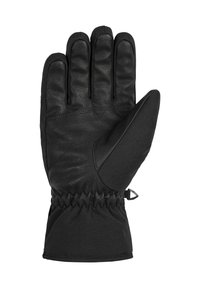 Black leather glove with five fingers, textured exterior, elastic wrist cuff for secure fit. Features a soft, matte fabric panel on the thumb.