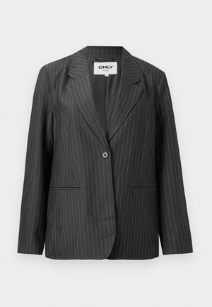 Blazer cinza risca de giz com gola de notched, fecho de botão único e dois bolsos frontais, confeccionado em tecido leve e suave.