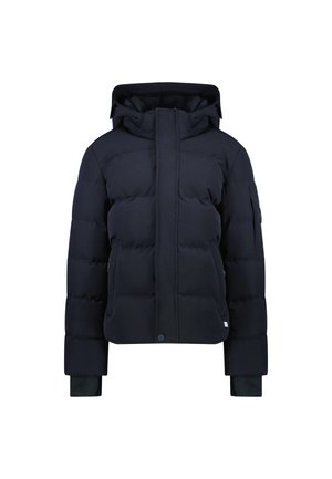 Zwarte pufferjack met capuchon, voorzien van een ritssluiting aan de voorkant en drukknoopsluiting, geribbelde manchetten en zijzakken. Glad materiaal, gelijkmatige vulling.