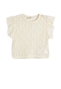 Top bianco in pizzo a maniche corte con un motivo a rombi, caratterizzato da maniche arricciate e scollatura tonda. Design leggero e testurizzato.