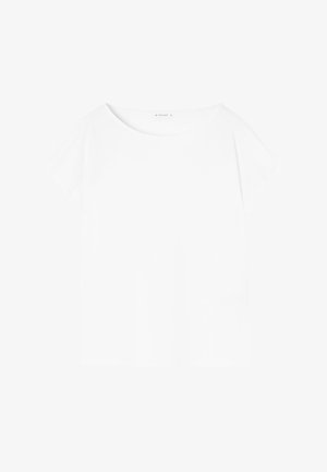 Biely krátky rukáv s širokým výstrihom. Hladká textúra a voľný strih. Žiadne viditeľné vzory ani kovové detaily. Jednoduchý dizajn.