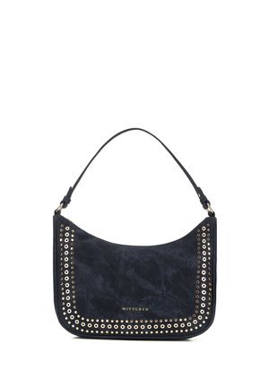 Granatowa zamszowa torba na ramię z złotymi oczkami wokół krawędzi i pojedynczym paskiem, logo "WITTCHEN" w złocie na środku u dołu.