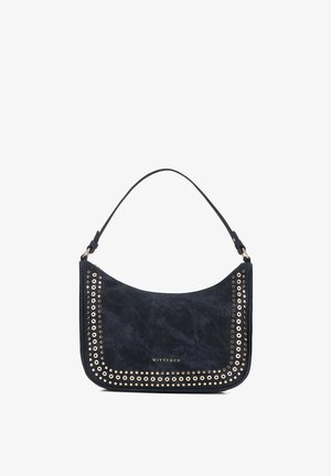 Schoudertas van marineblauw suède met gouden oogjes langs de randen en een enkele riem, "WITTCHEN" logo in goud onderaan in het midden.