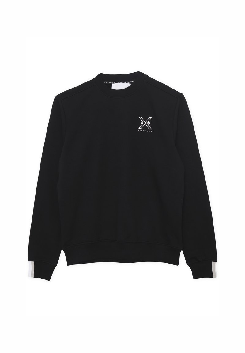 Felpa nera di cotone, con colletto girocollo e maniche lunghe. Sul lato sinistro del petto si trova un logo bianco. I polsini presentano dettagli bianchi.