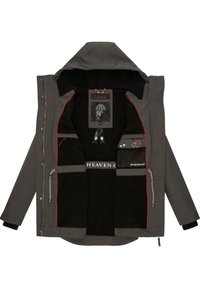 Gray outdoor jacket with a black fleece lining, a hood, and red accents. Features multiple interior pockets and a branded label inside.