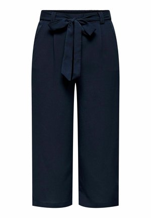 Navy blue wide-leg cropped trousers with elastic waistband and fabric belt tied in a bow at the front.