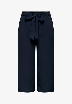 Navy blue wide-leg cropped trousers with elastic waistband and fabric belt tied in a bow at the front.