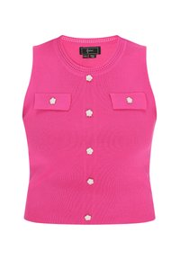 Vest roz ajustat, fără mâneci, cu decolteu rotund, având două buzunare pe piept și cinci nasturi decorativi cu flori pe față.