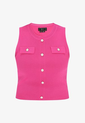 Taillierte ärmellose rosa Weste mit Rundhalsausschnitt, ausgestattet mit zwei Brusttaschen und fünf dekorativen Blumenknöpfen auf der Vorderseite.