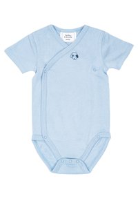 Hellblaues Kurzarmbodysuit aus weicher Baumwolle mit Wickeldesign und einer kleinen Hundesilhouette, die auf der Brust gestickt ist. Verfügt über Druckknopfverschlüsse.