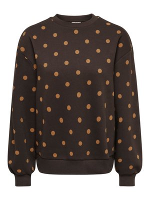 Brun sweatshirt med store sennepsgule polkaprikker, rund hals og ribbet kant ved ærmerne. Blødt stof med afslappet pasform og uden lukninger.