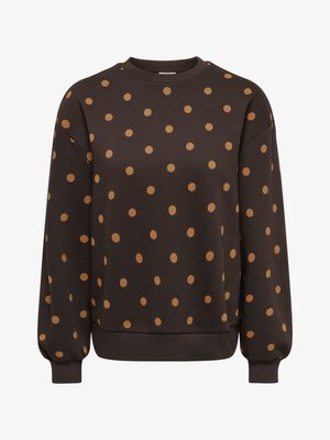 Pruun pullover suurte sinepikollaste täppidega, ümara kaelusega ja soonikkoes varrukaservadega. Pehme kangas, lõdva lõikega ja kinnitusteta.