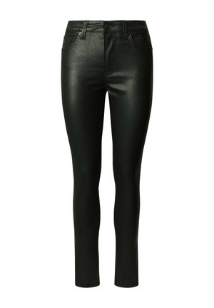 Zwarte, glanzende faux leren skinny jeans met een normale taille, voorzakken en riemlussen, met een gladde textuur en een slim fit.