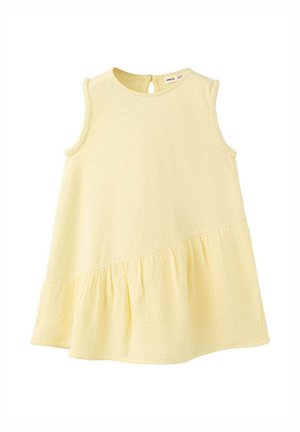 Robe bébé jaune clair sans manches avec encolure ronde, bordure tressée aux emmanchures et détail asymétrique froncé sur l'ourlet.