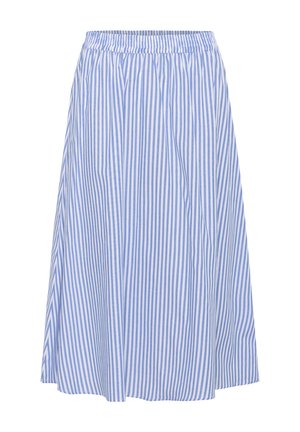 Gonna A-line a righe in azzurro chiaro e bianco, realizzata in tessuto leggero con vita elastica e orlo all'altezza del ginocchio. Si muove in modo fluido.